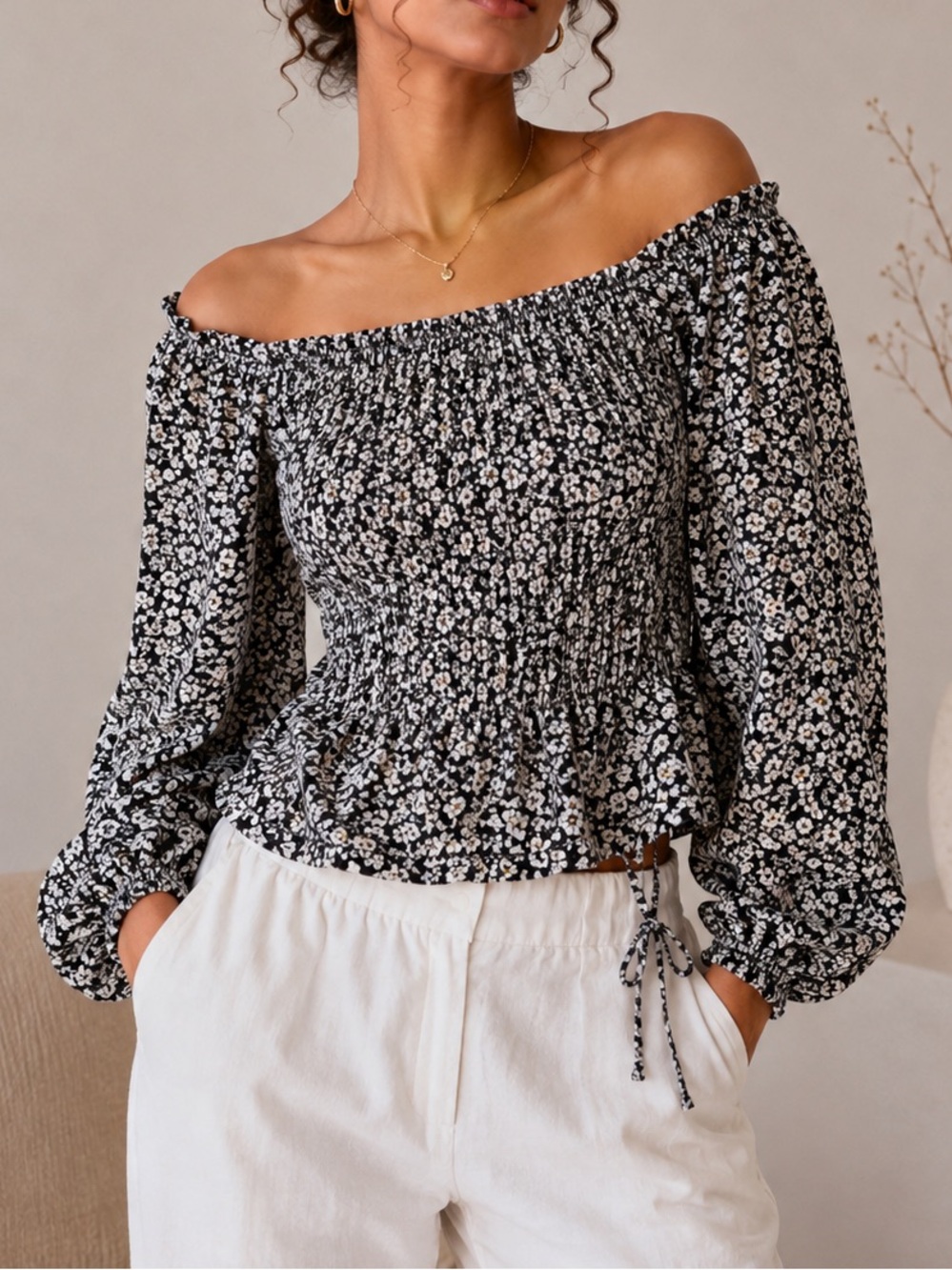 Sienna Sky Black & White Floral Smocked Off-Shoulder Blouse